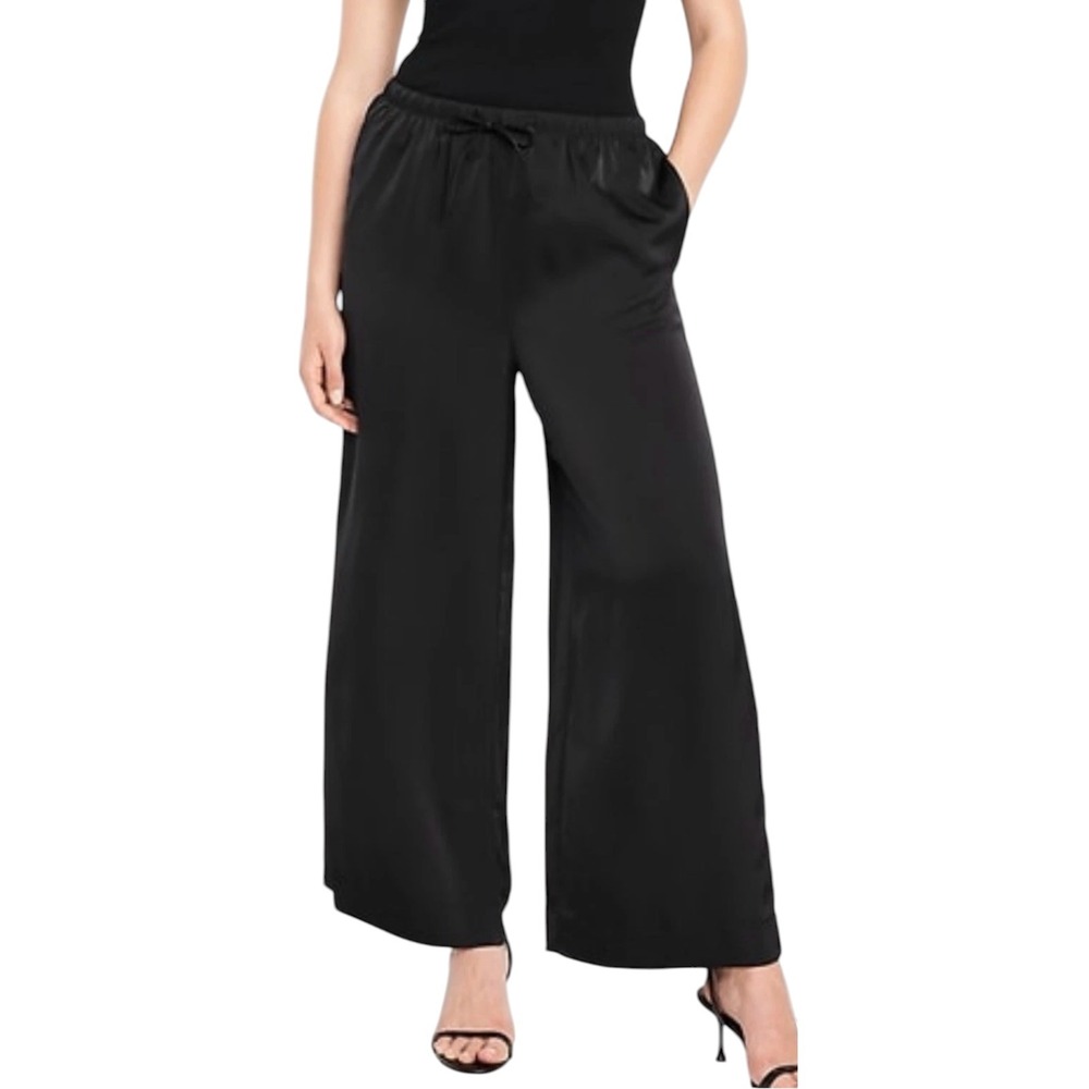 Old Navy Wide Leg Satin Pants Women Large Black High Rise Quiet Luxury Neutral